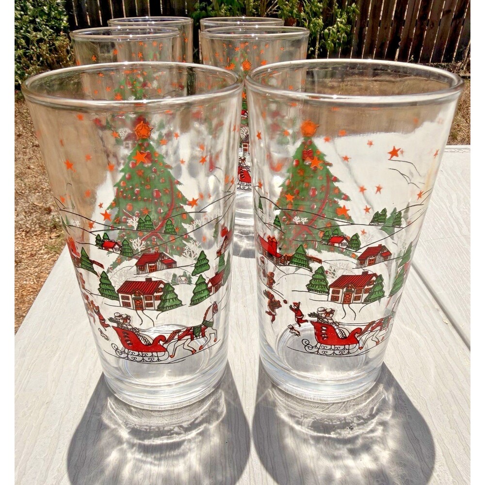 KIG Indonesia Christmas Tree Glasses Set of 6 Vintage Holiday Christmas Tumblers